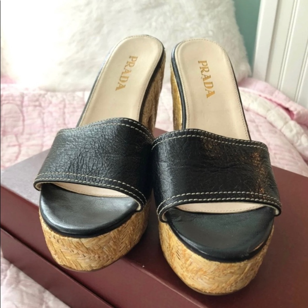 PRADA Black Leather & Rattan Slides, Size 5.5